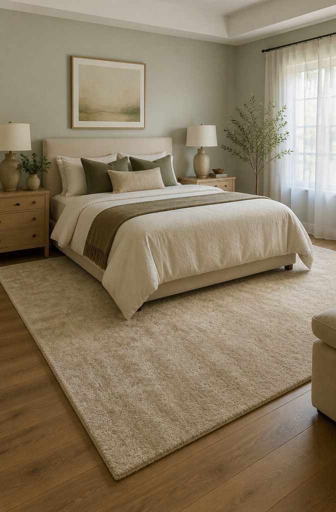 A spacious bedroom with a 9-by-12 rug under a large bed.
