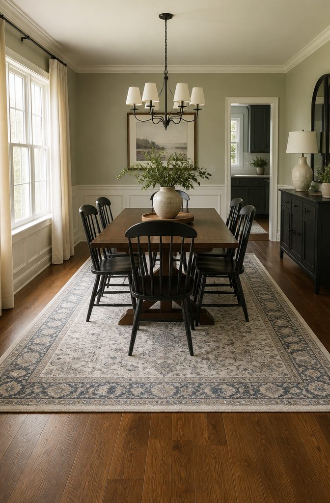 A 9-by-12 rug centered under a dining table with visible flooring.
