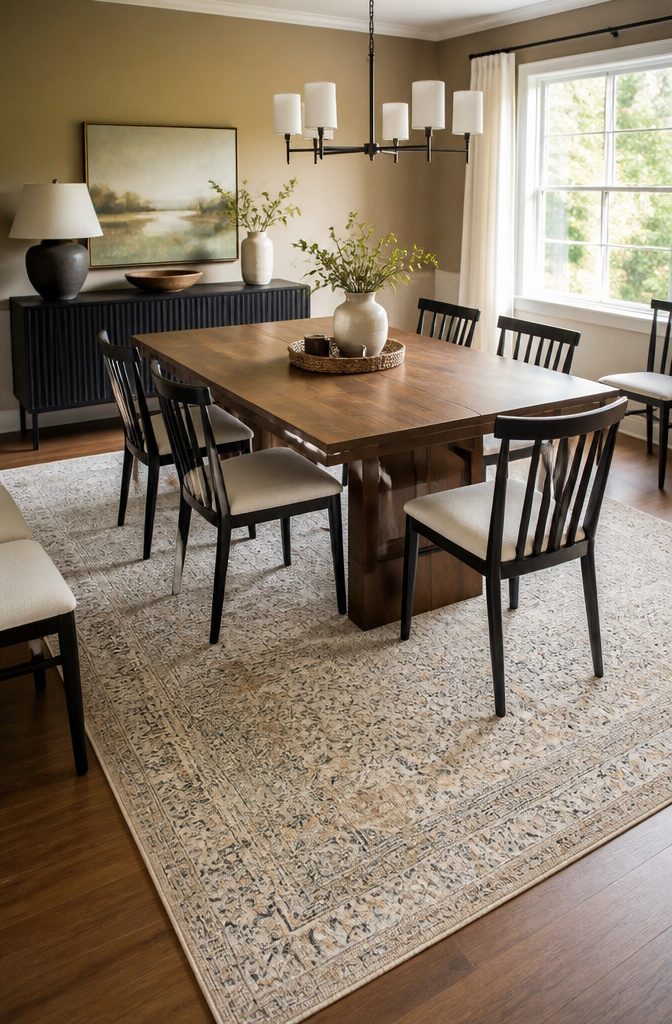 An 8-by-10 rug placed under a dining table with chairs around it.