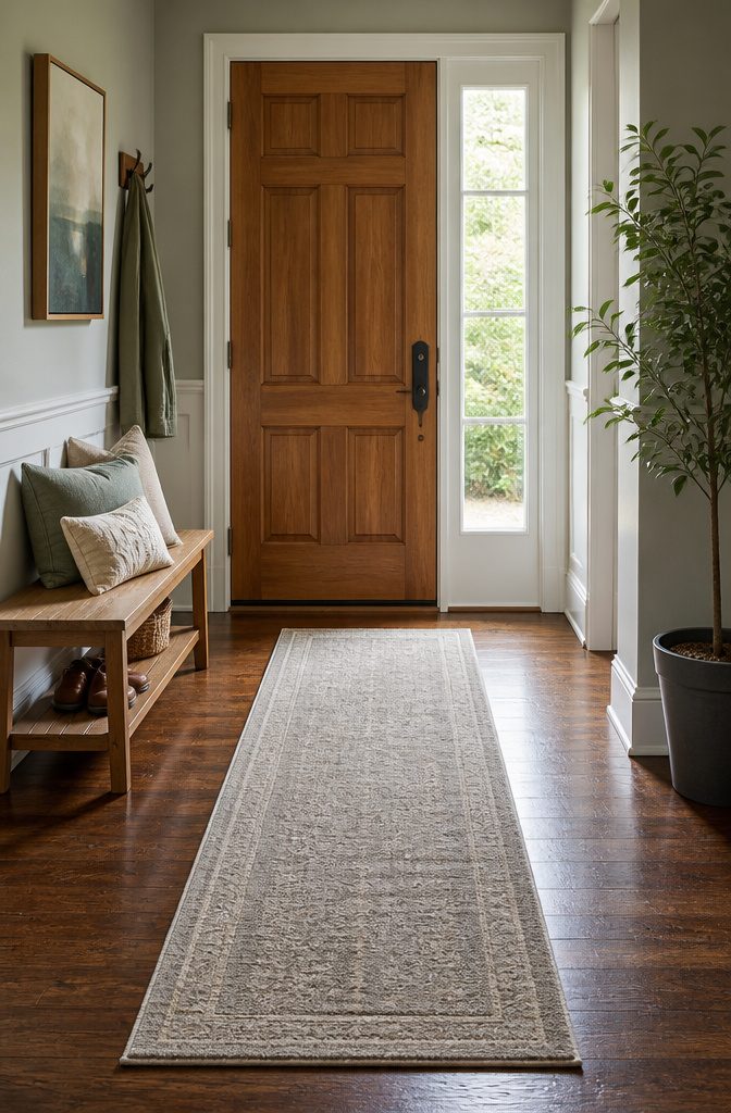 A runner rug positioned in front of a wooden door in an entryway.
