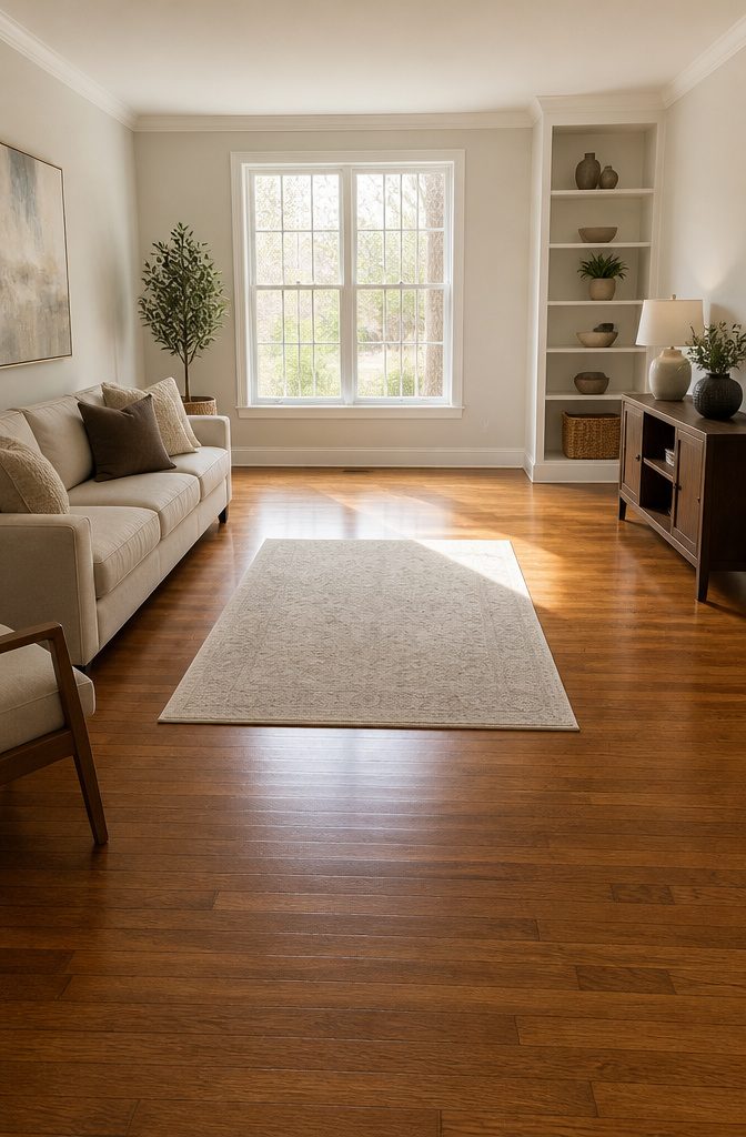 A small area rug sits alone on polished hardwood floor in a living room.