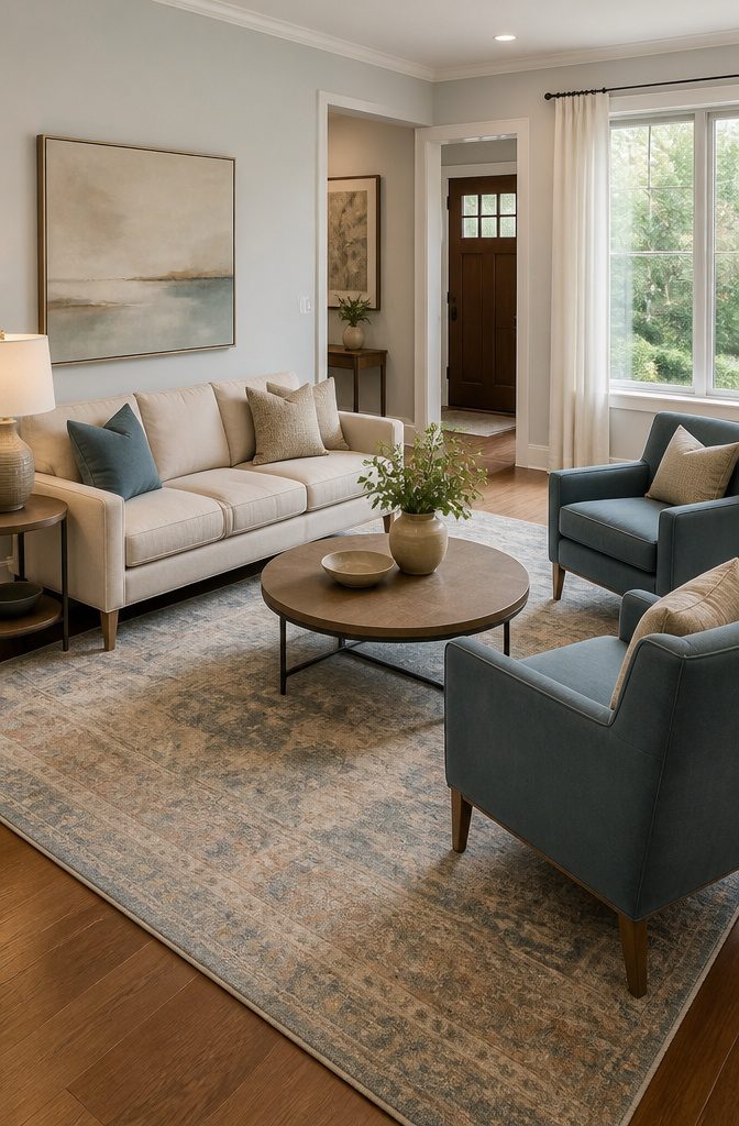 A spacious living room with an 8-by-10 rug under the furniture.