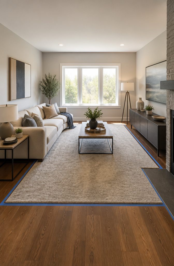 An 8-by-10 rug footprint outlined in painter's tape on hardwood floor.
