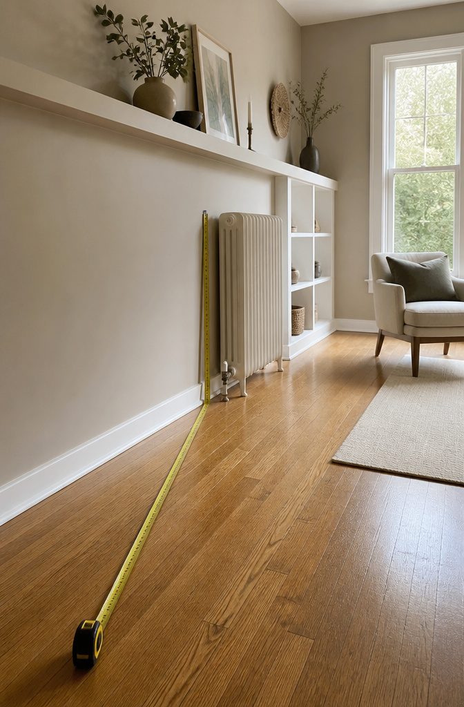 Measuring tape unfurled against a wall with decor above a bookcase.