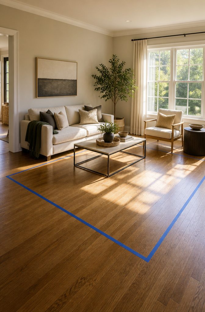 Tape on polished floor shows the dimensions of a prospective rug.
