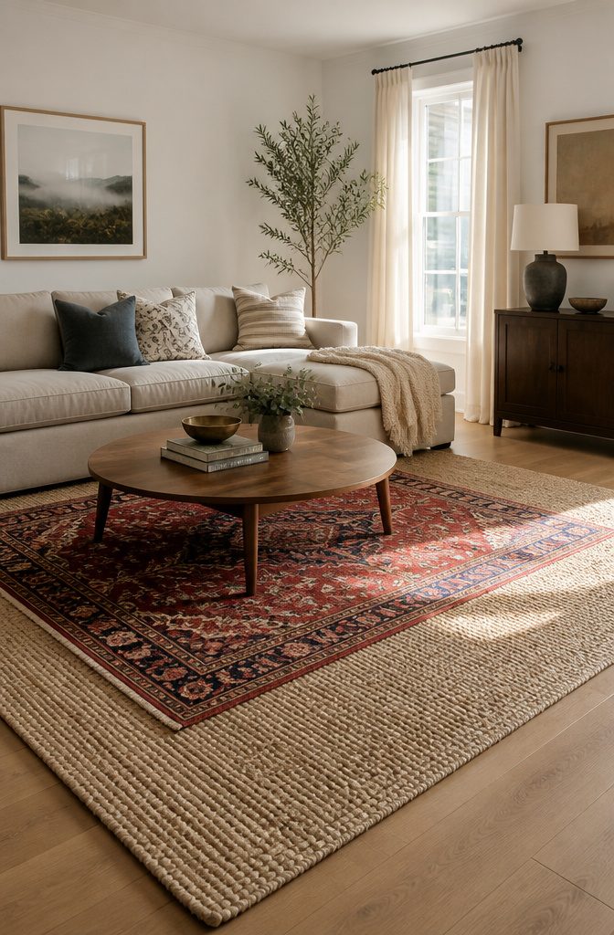 A small rug layered on a larger sisal base in a contemporary living room.