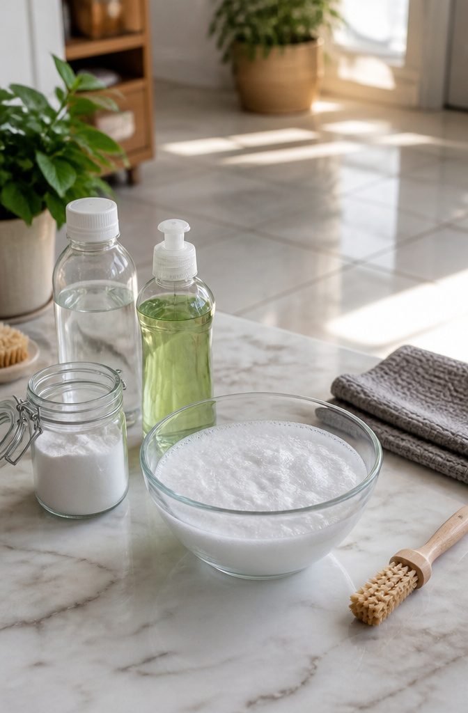 A bowl with a foamy mixture of baking soda and hydrogen peroxide.