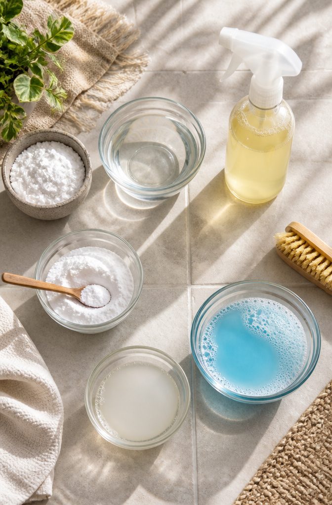 Cleaning solutions including vinegar mix and commercial grout cleaner.