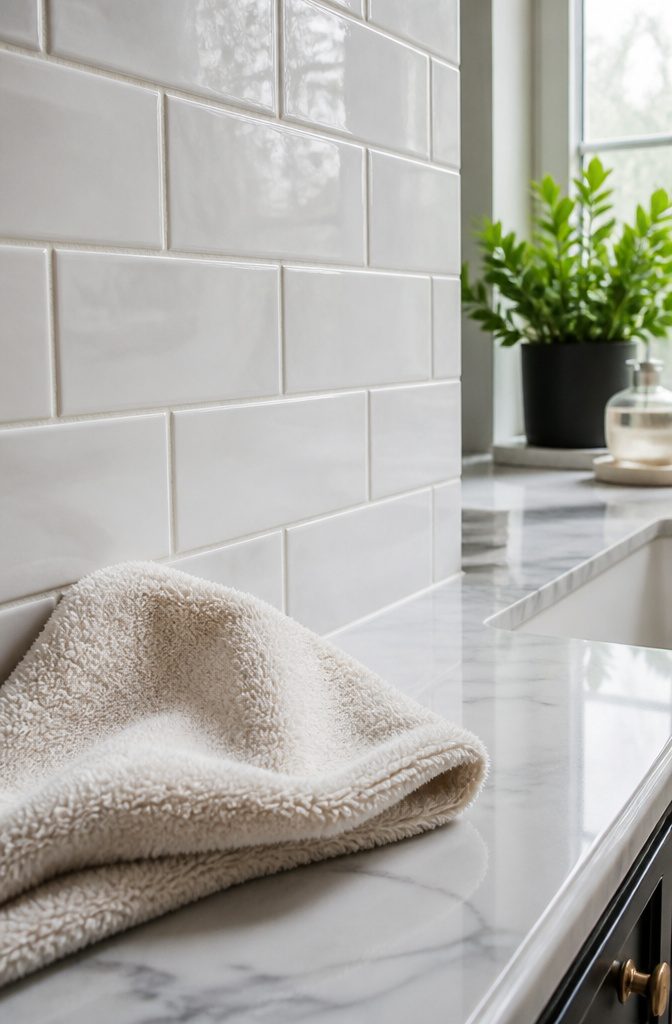 A towel next to clean grout lines on a marble countertop.