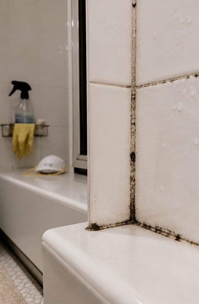 Close-up of mold in grout lines of a bathroom corner.