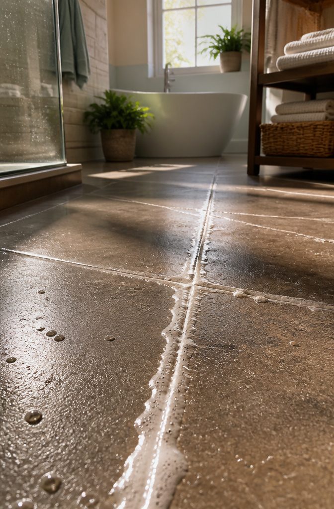 Close-up of cleaning paste in grout lines with sunlight filtering through.