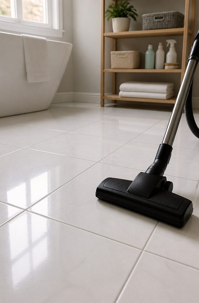 A vacuum cleaner on a glossy tile floor with sunlight reflecting off.