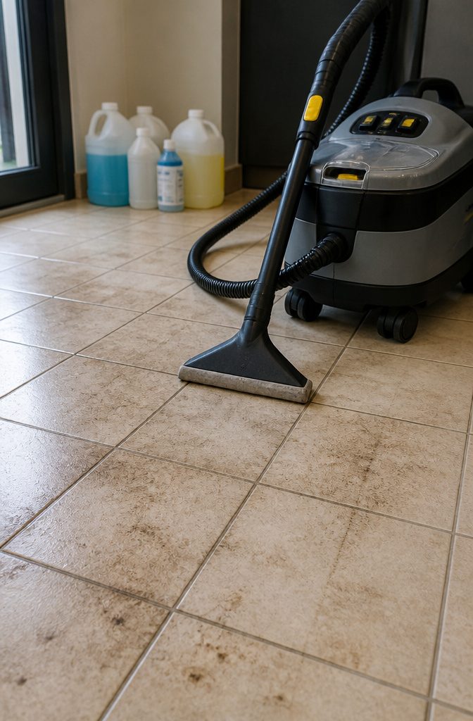 Professional steam cleaning equipment beside a dirty tile floor.