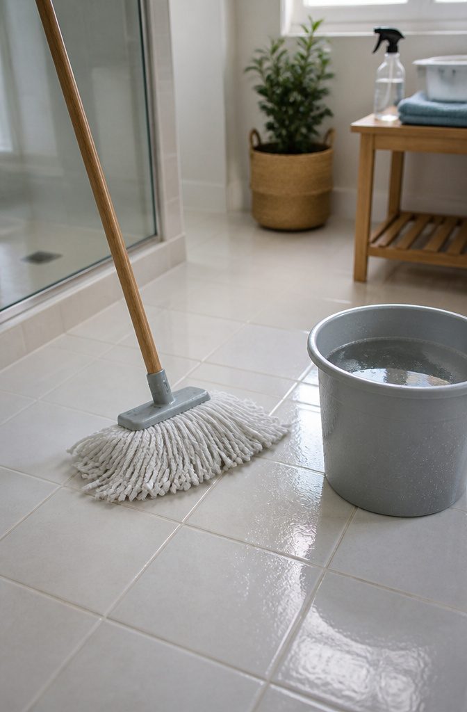 A clean mop held over freshly scrubbed tiles and grout lines.