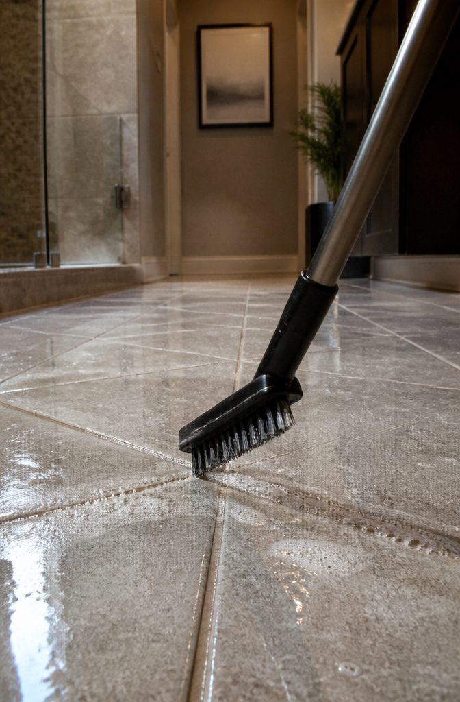 A grout brush positioned above dirty grout lines on a tiled surface.