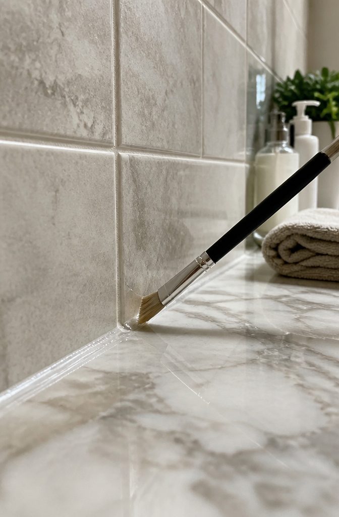 A brush applying sealant to clean grout lines on tiled surfaces.