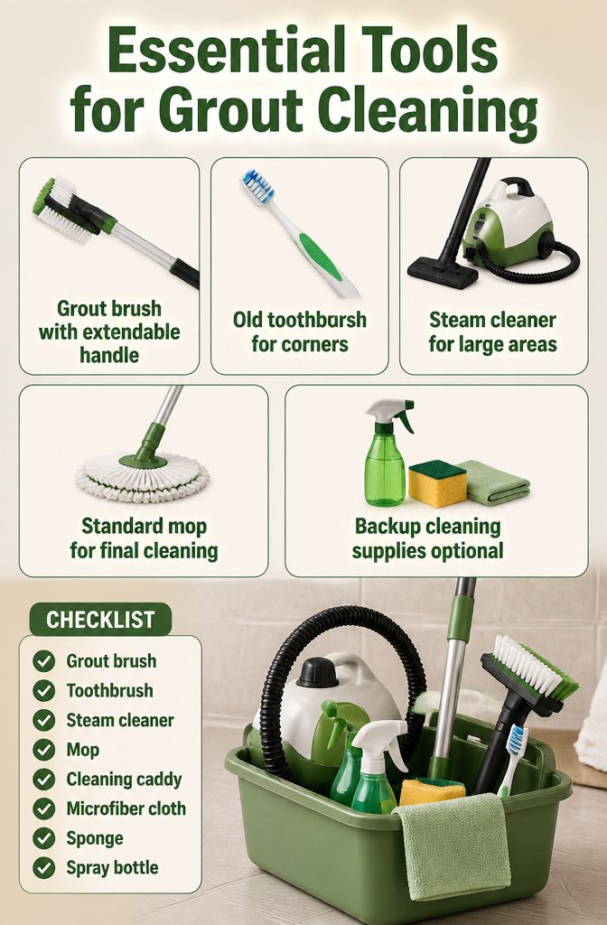 Grout brush, toothbrush, and steam cleaner for cleaning grout.