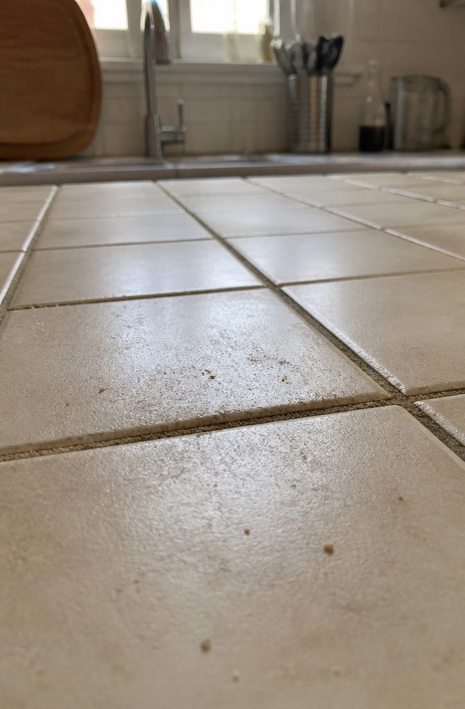 Close-up of dirty grout lines contrasting with clean kitchen tiles.