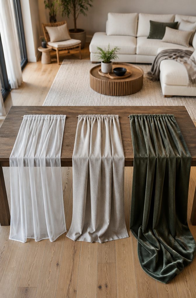 Different styles of curtains displayed on a table in a cozy room.