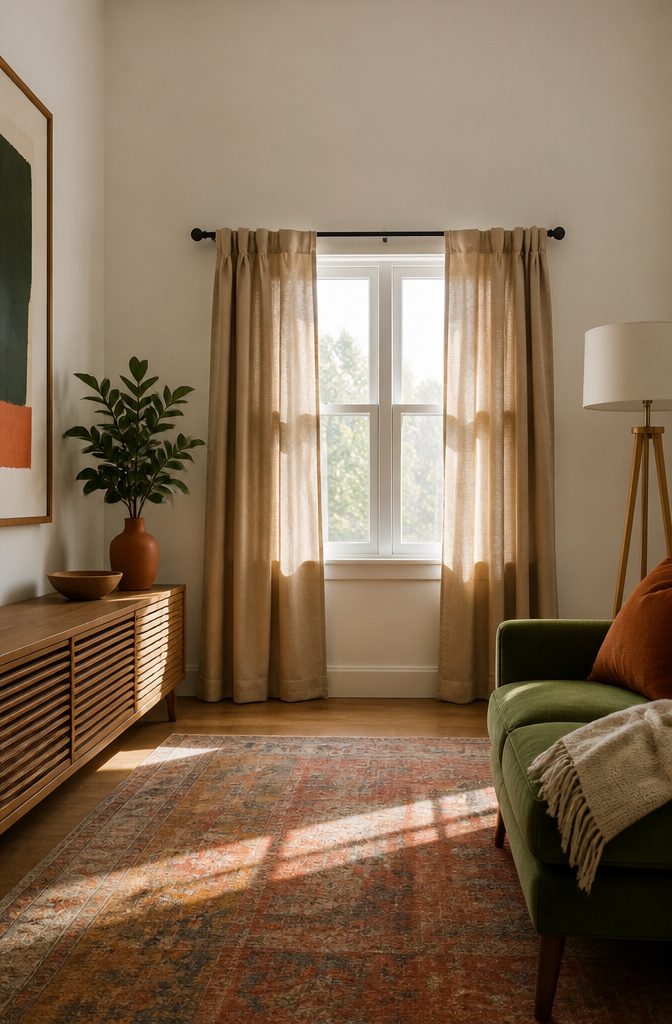 A window with curtains hung too low, affecting the room's appearance.