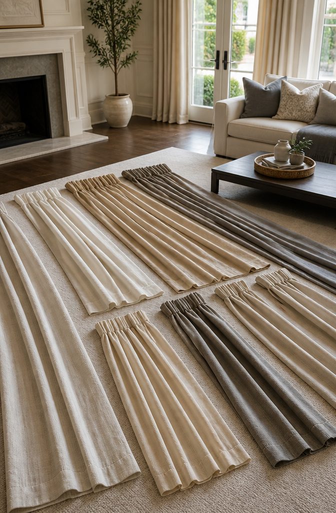 Various curtain panels displayed, showing different widths and fullness.