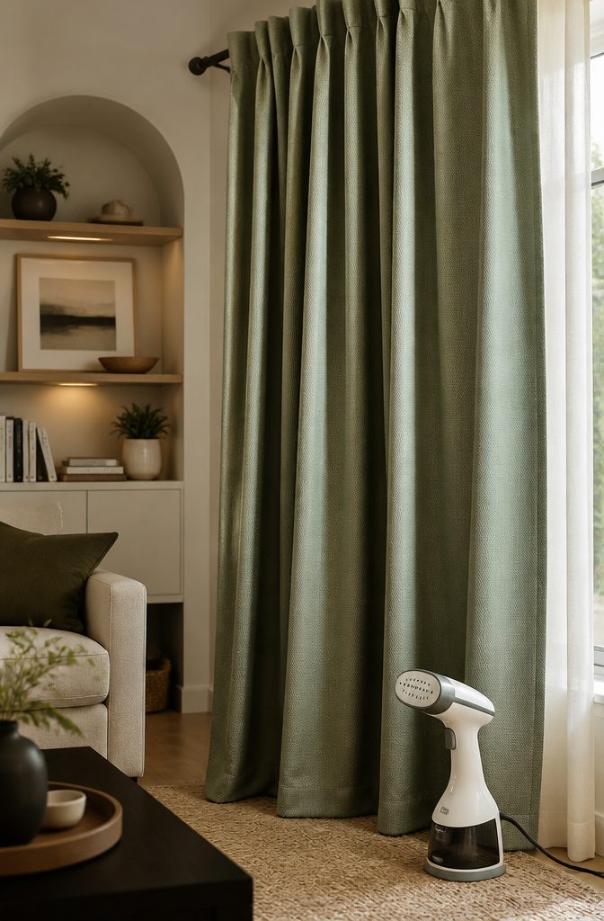 A steamer next to freshly hung curtain panels in a living space.