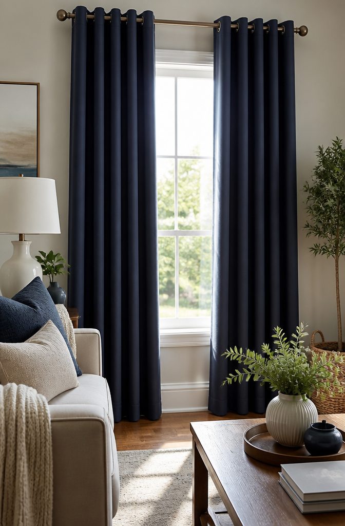 Freshly hung grommet panels draping on a curtain rod between brackets.