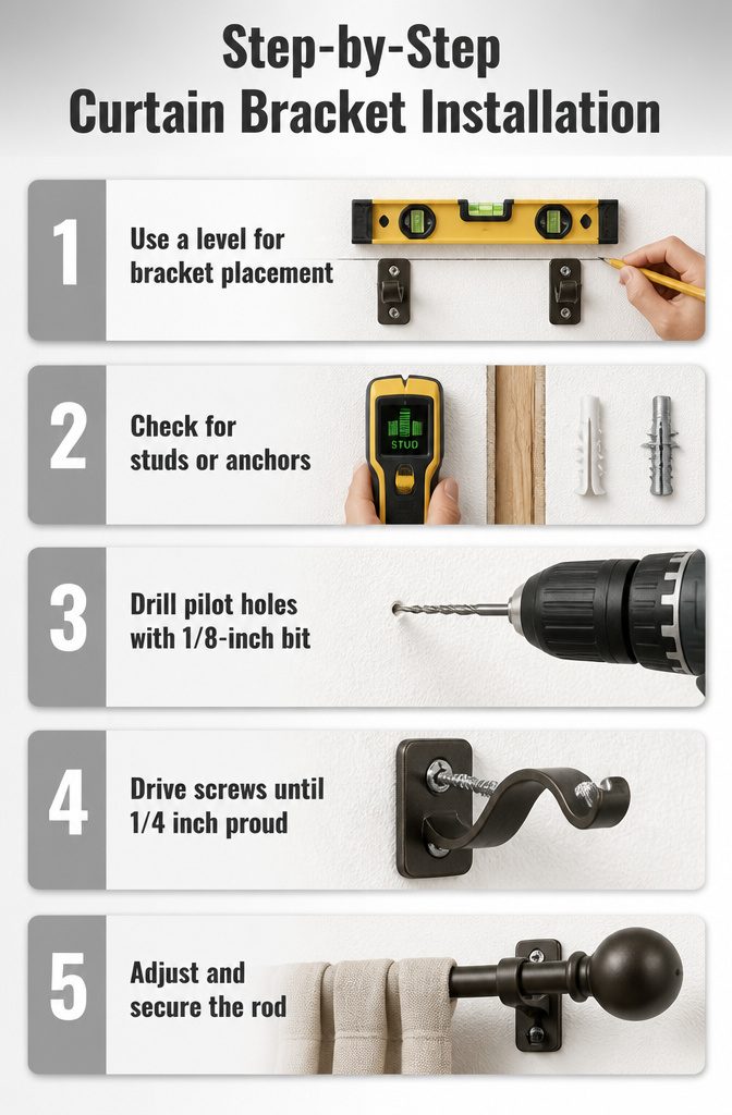 Instructions for installing curtain brackets with tools on a surface.