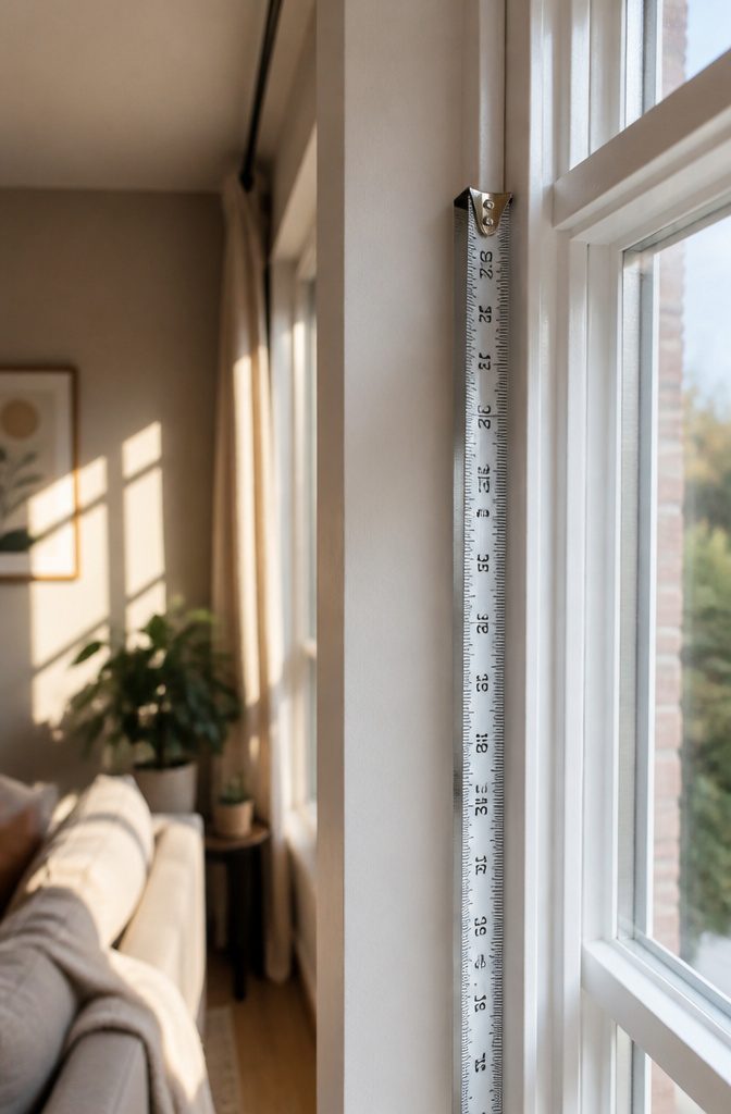A tape measure extended against a window frame in a decorated living space.