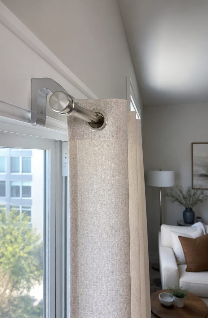 Kwik-Hang brackets attached to window trim holding up curtains.