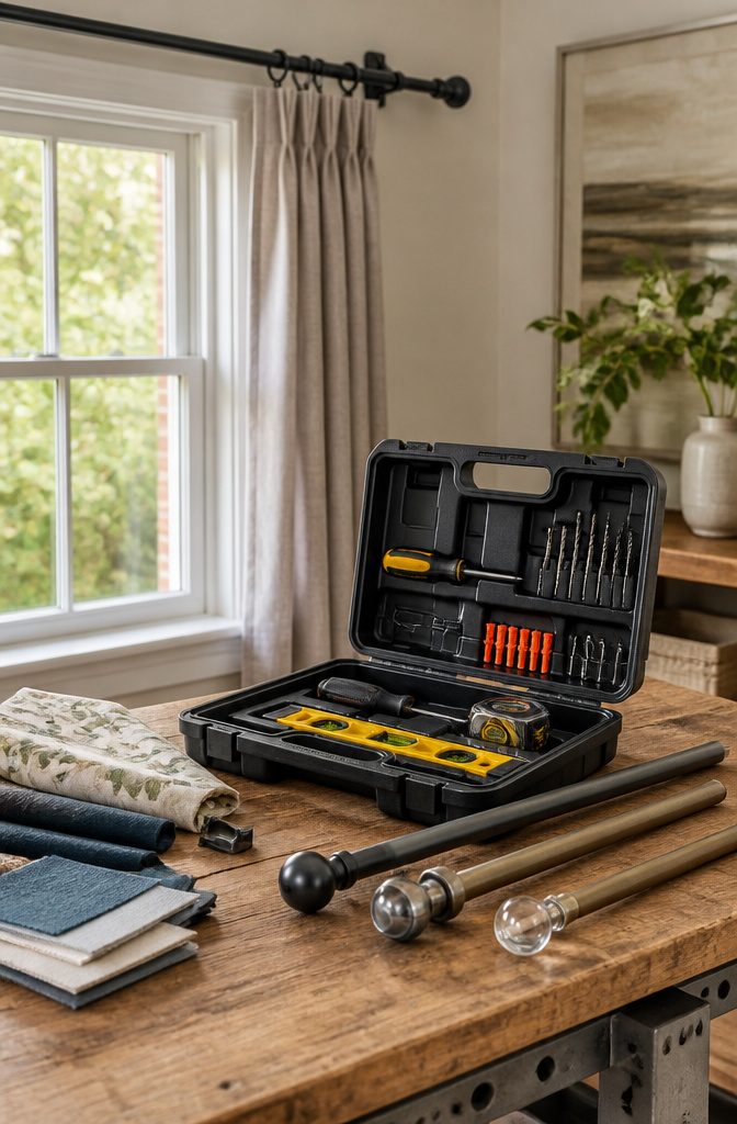 A toolbox with tools and curtain rods on a wooden bench.
