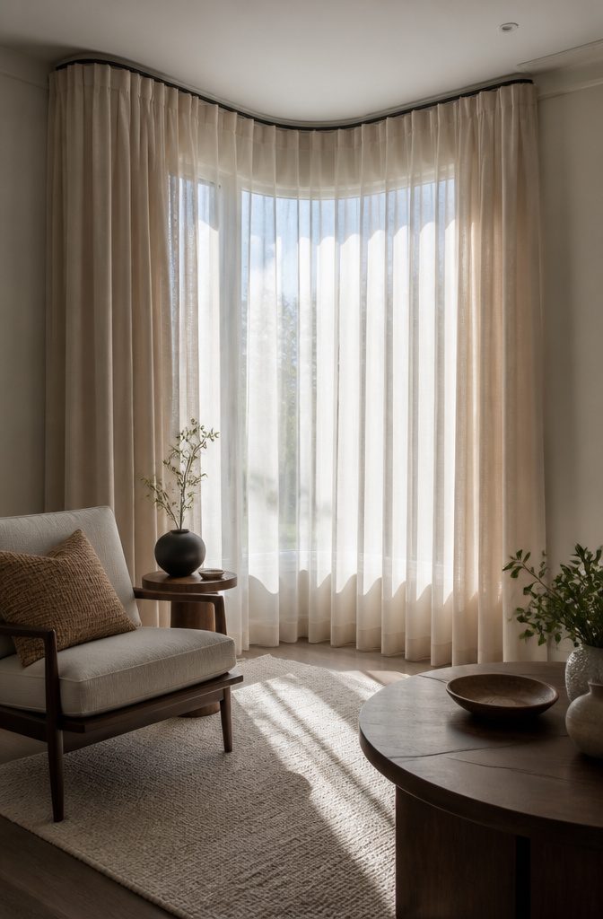 A corner window adorned with curtains that wrap around the angle.