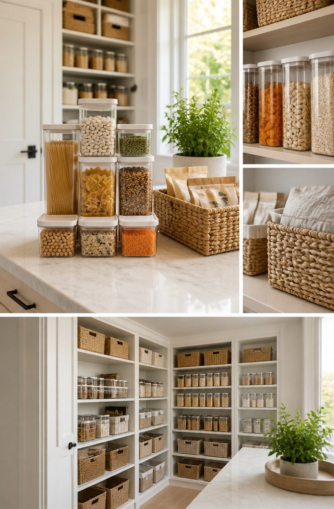 An organized pantry with various storage containers and baskets.