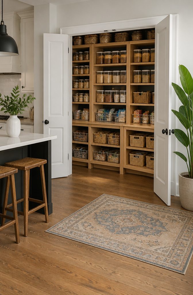 A pantry organized into zones for different food categories.