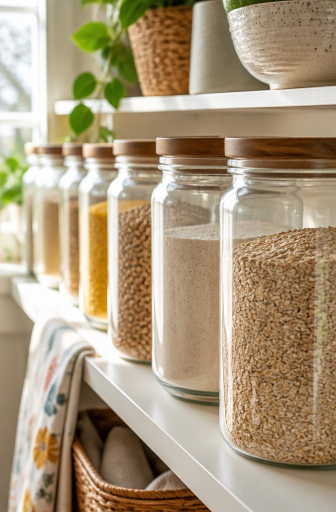 Airtight jars filled with dry goods like flour and oats in a pantry.