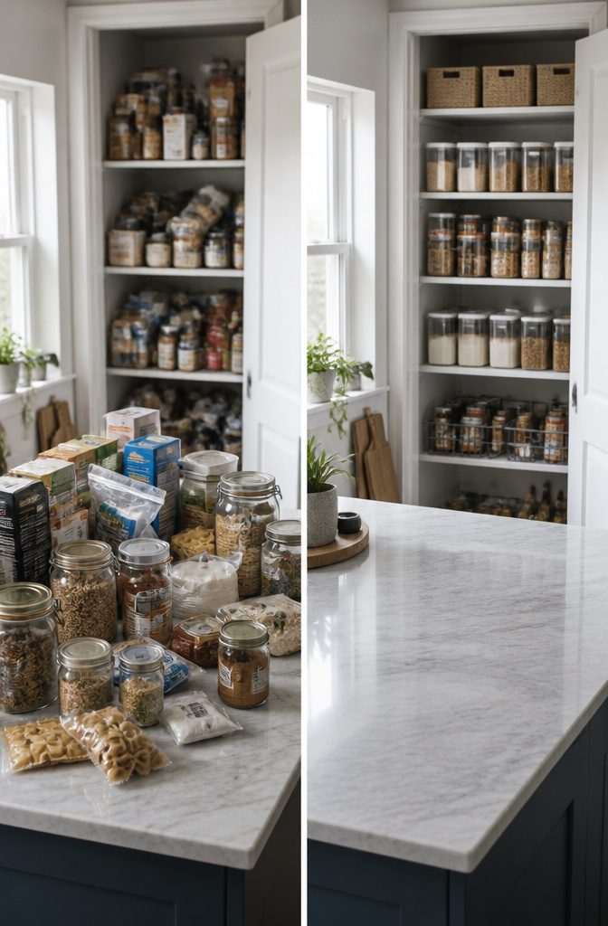 A counter filled with various pantry items spread out for sorting.
