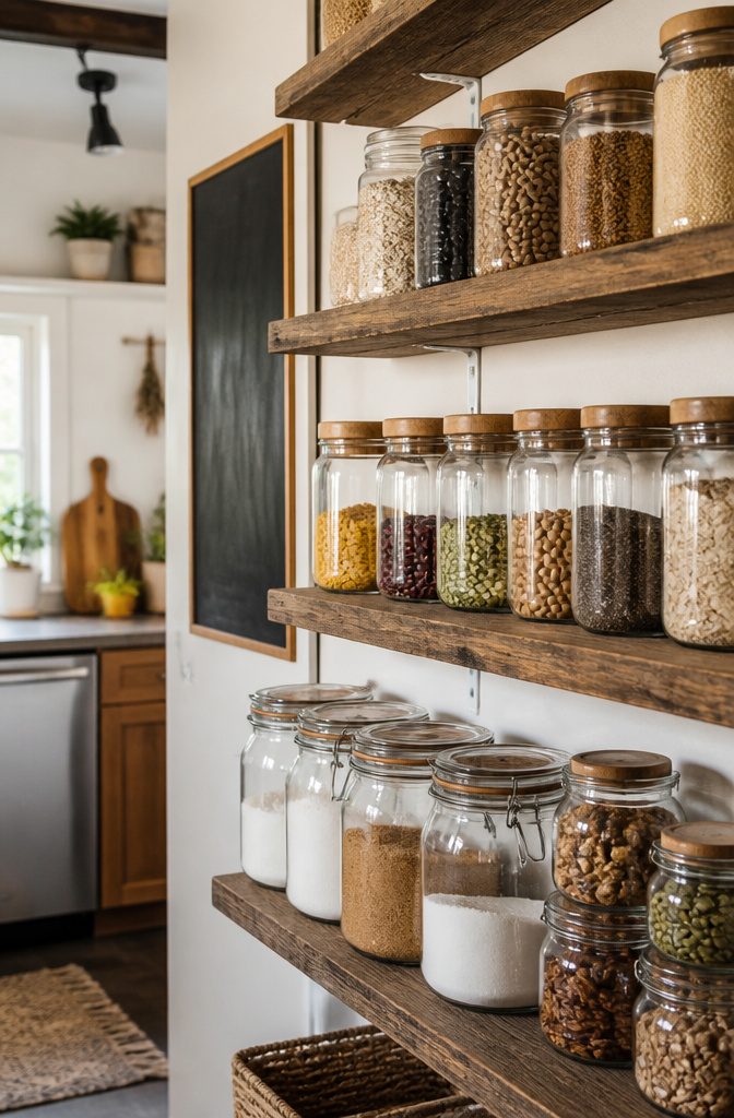 Jars with handwritten labels containing various dry goods on a shelf.