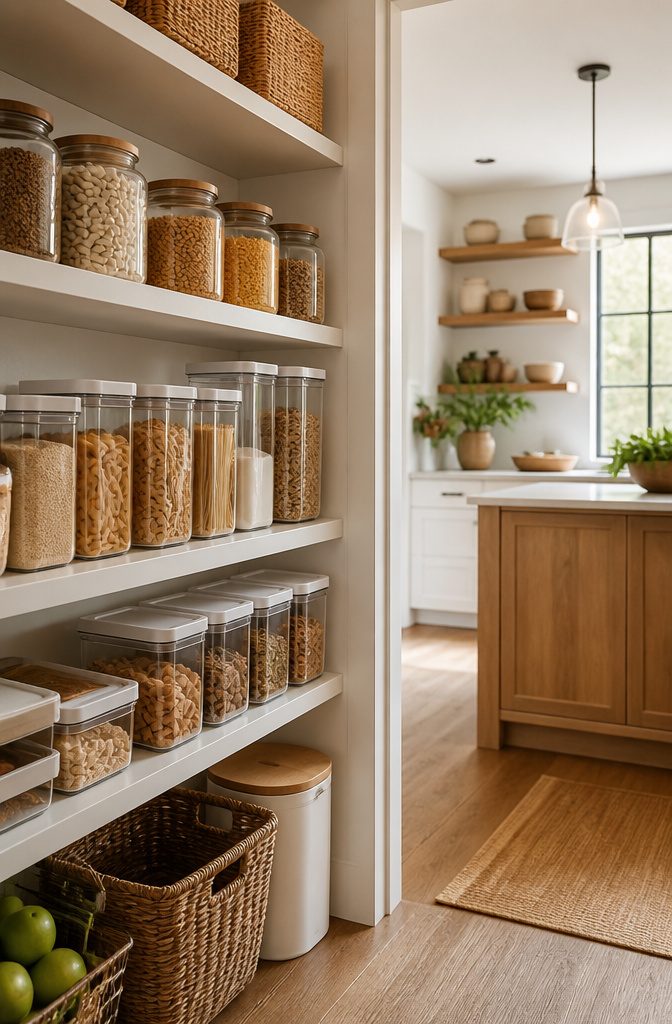 A well-maintained pantry with clearly organized containers and jars.