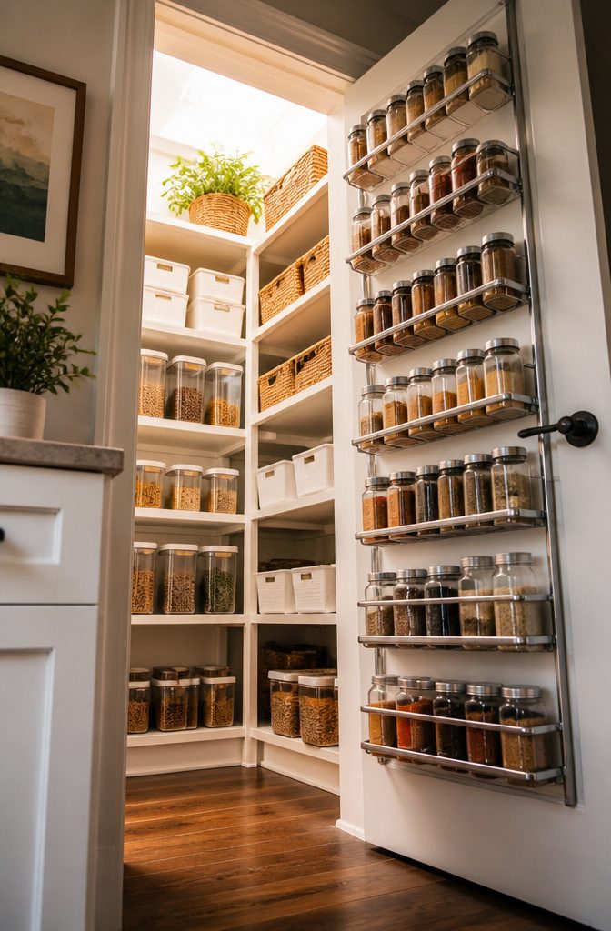 Over-the-door racks filled with spices and snacks in a pantry.