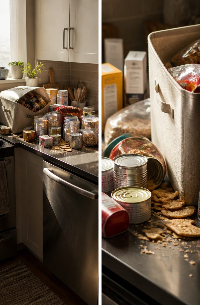 A countertop with expired food items being sorted for disposal.