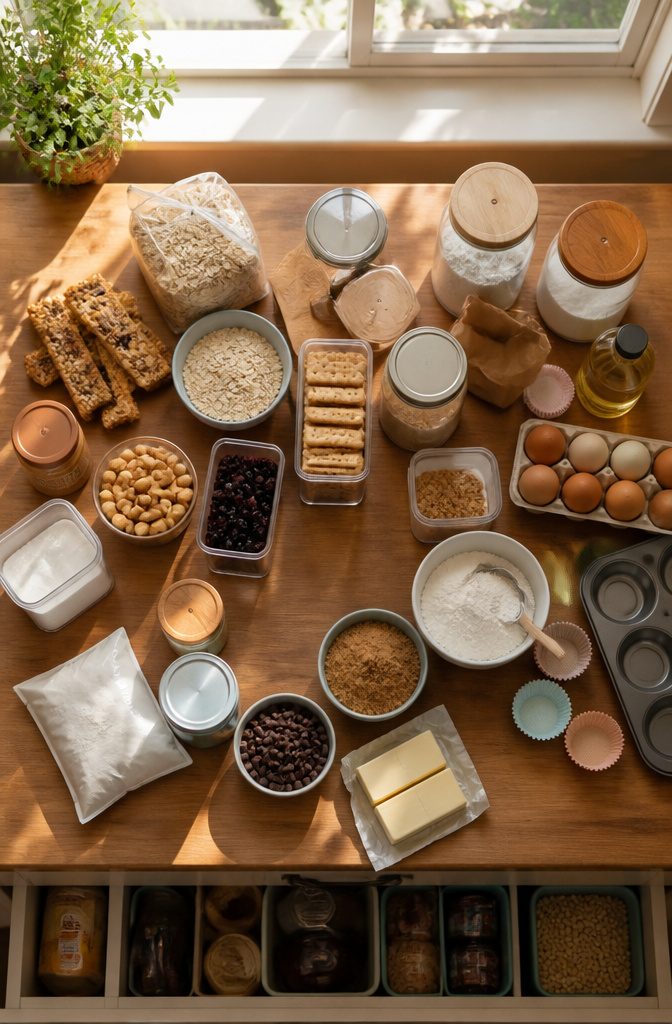Shelves organized with food items categorized by type and use.