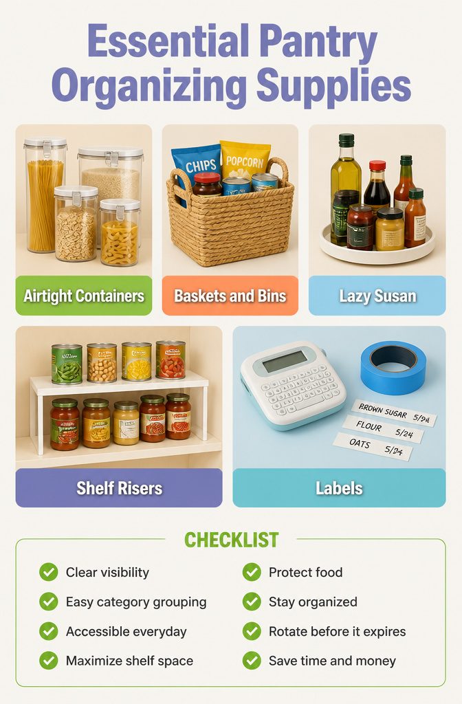 A collection of pantry organizing supplies including containers and baskets.