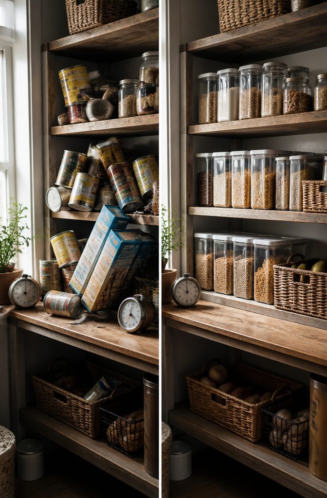 A disorganized pantry showing cluttered shelves and misplaced items.
