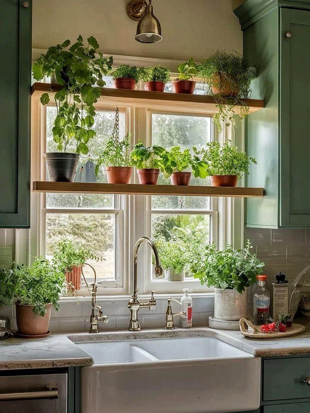 Green potted plants arranged on wooden floating shelves above a kitchen sink window.