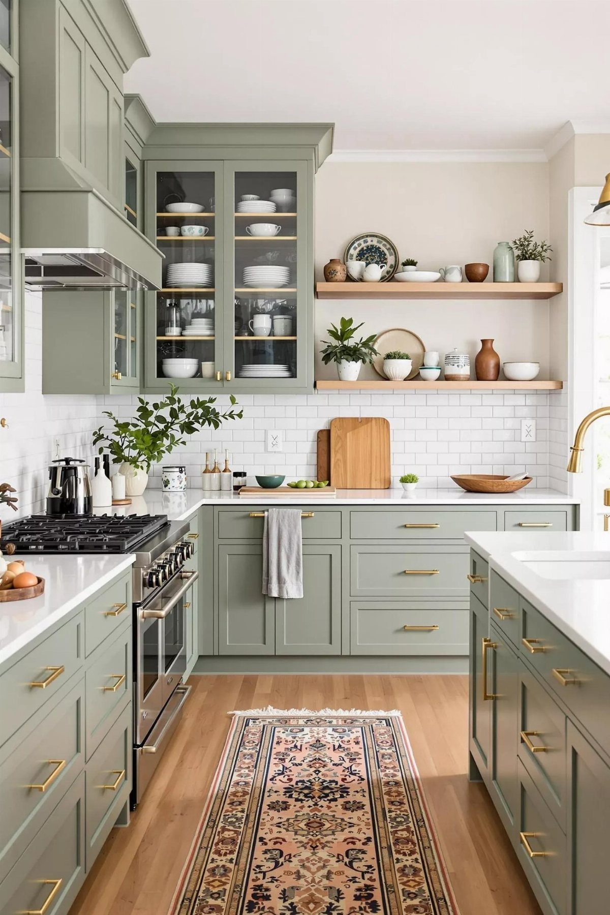 Sage green kitchen cabinets paired with wooden open shelves and white subway tile backsplash.