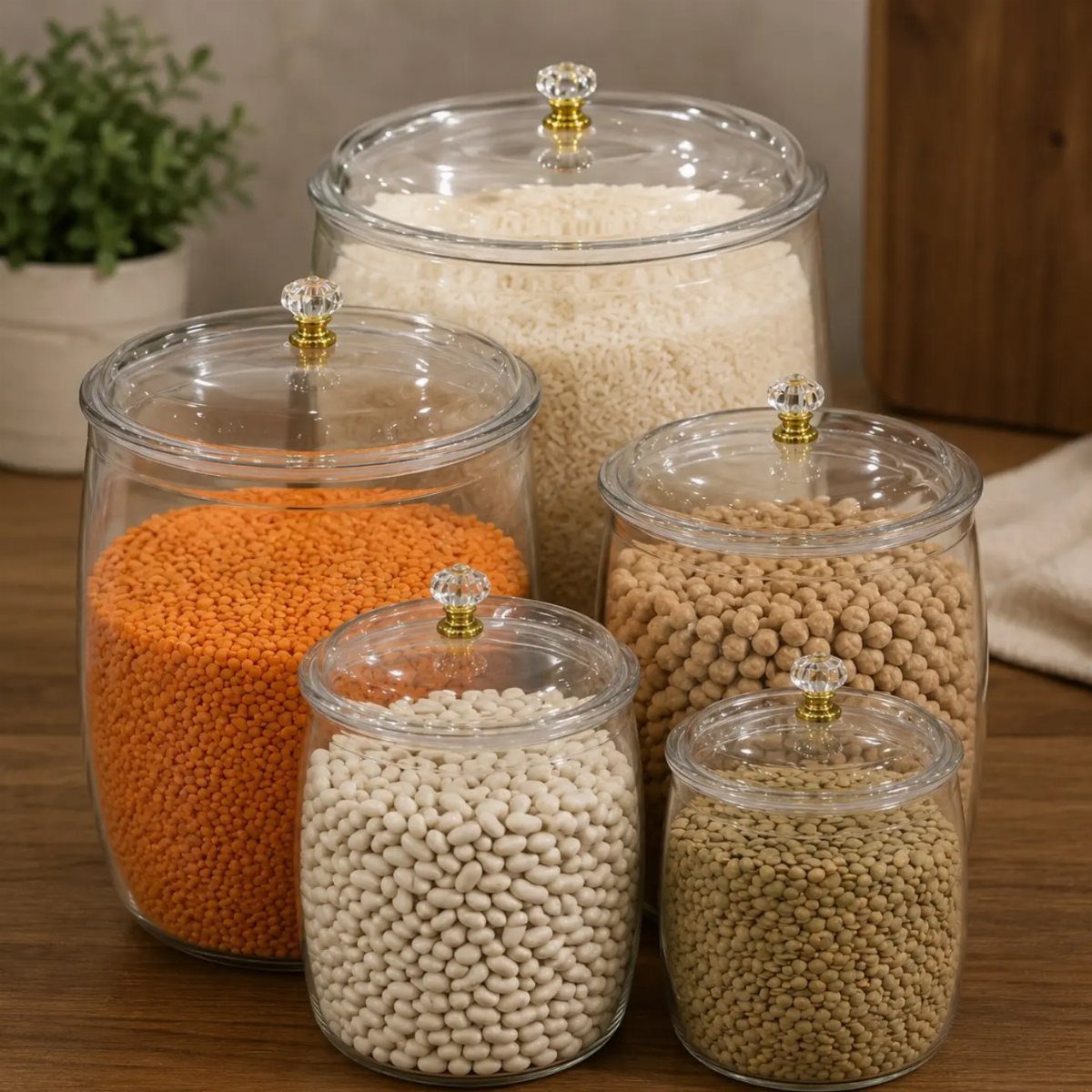 Clear glass canisters filled with various dried legumes and grains on a wooden countertop.