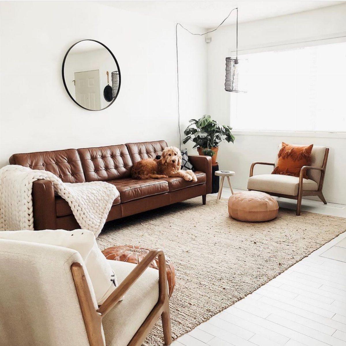 A brown leather sofa with a white chunky knit throw and a dog lying on it.