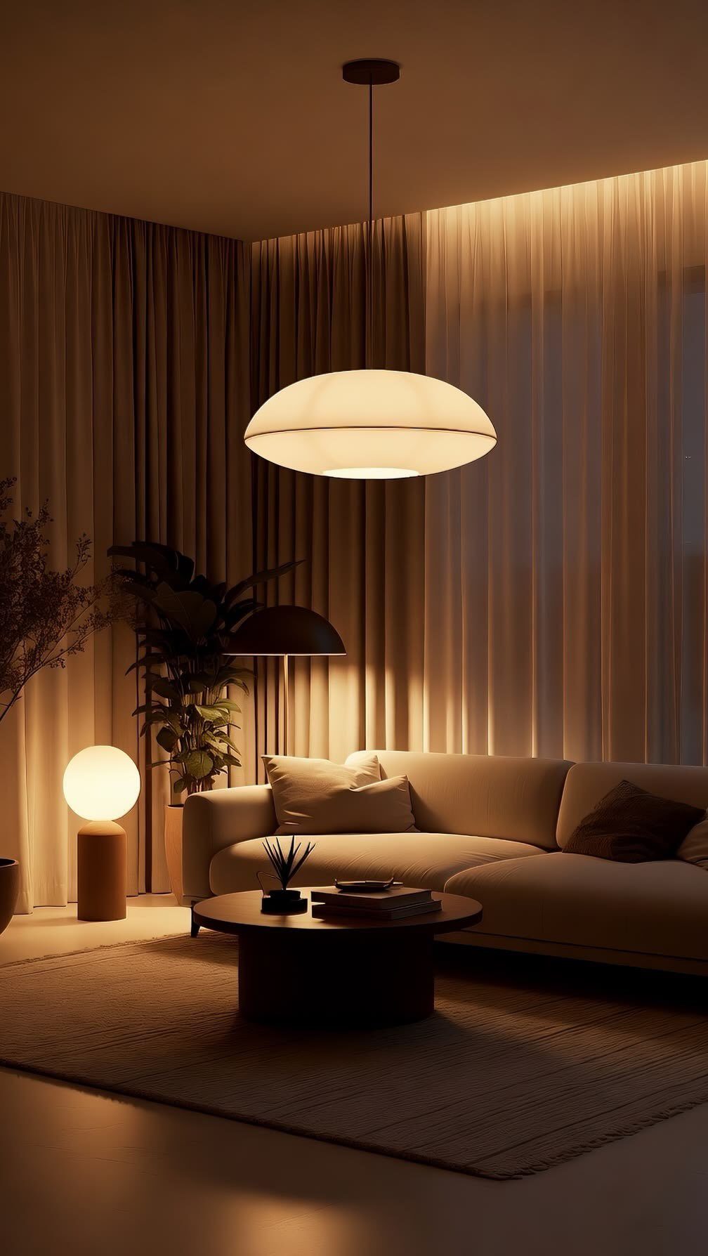 Various warm lamps illuminating a modern living room with a beige sofa and sheer curtains.