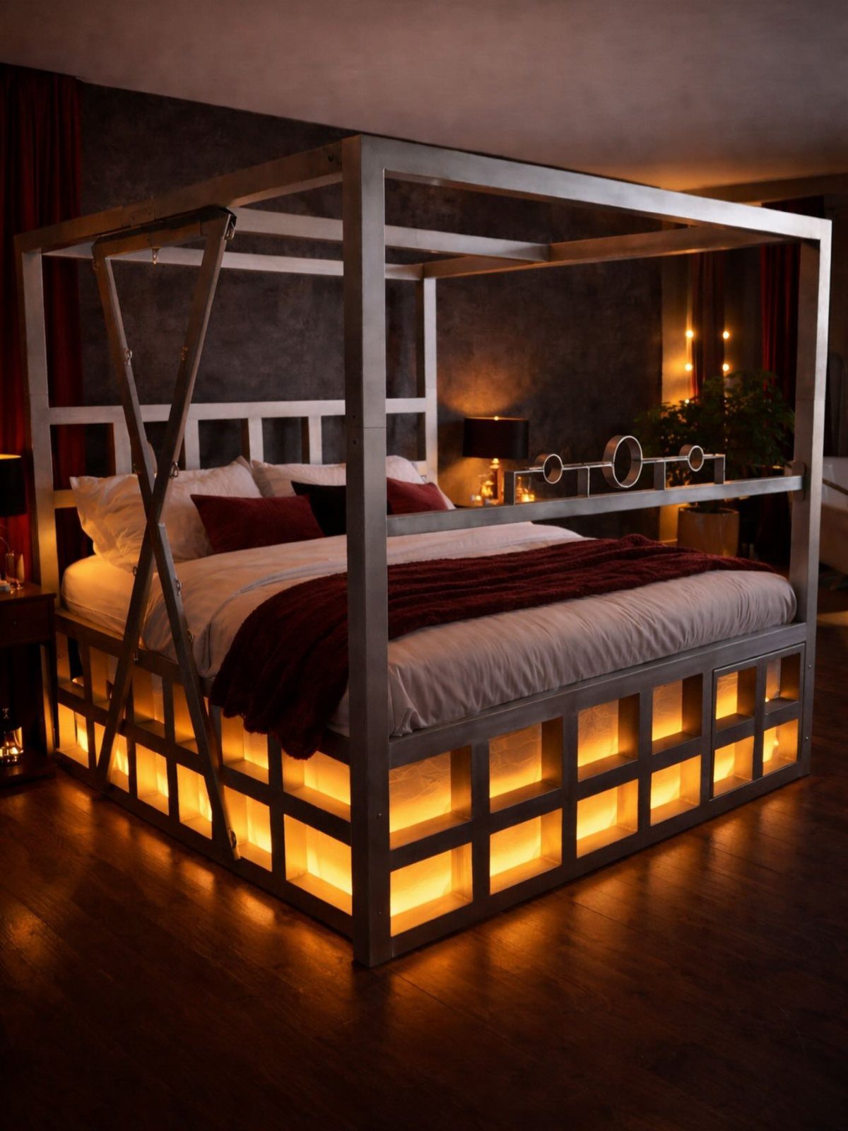 Silver metal canopy bed frame with illuminated base compartments in a moody bedroom setting.