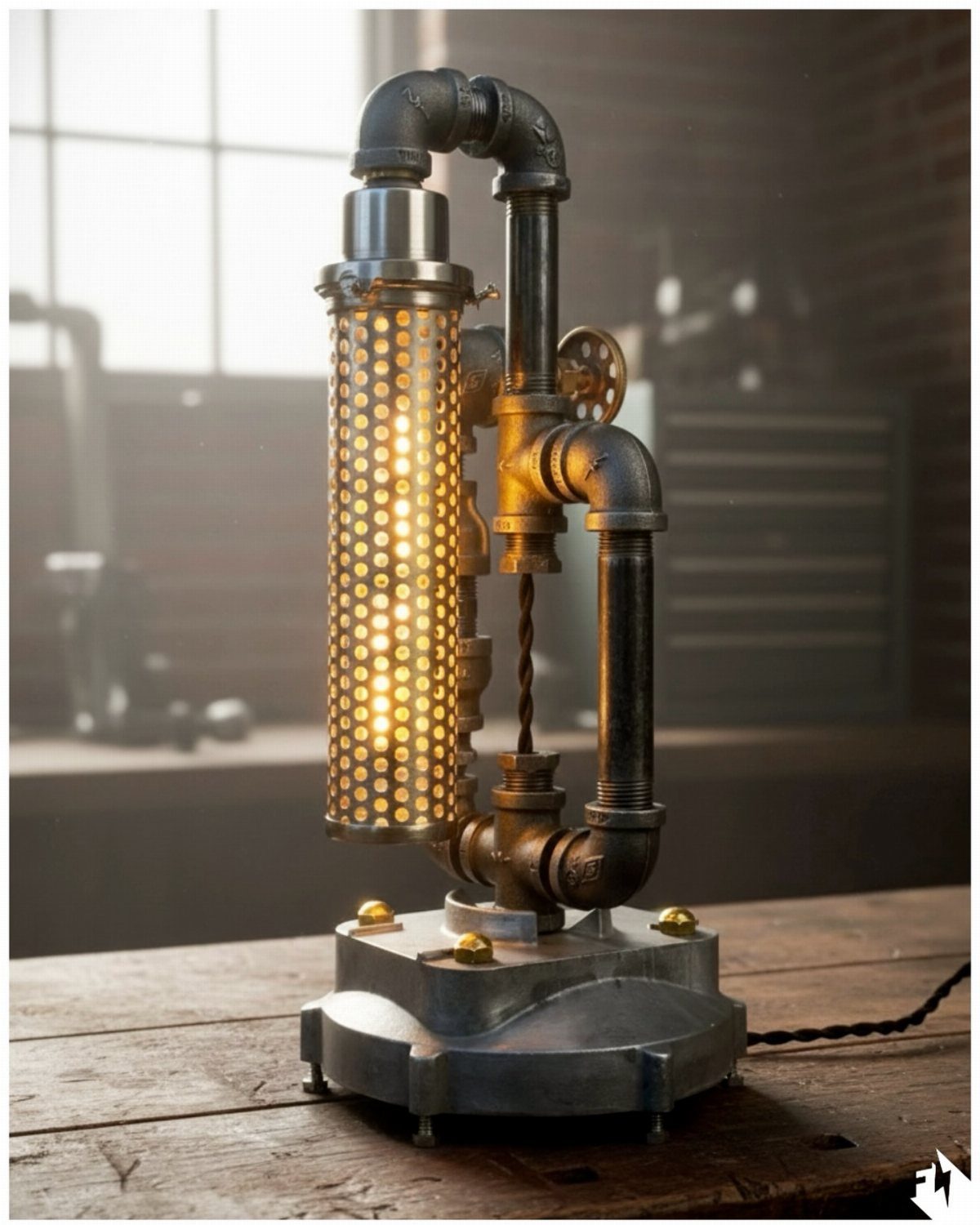 Industrial pipe lamp with a perforated metal shade glowing on a wooden table.